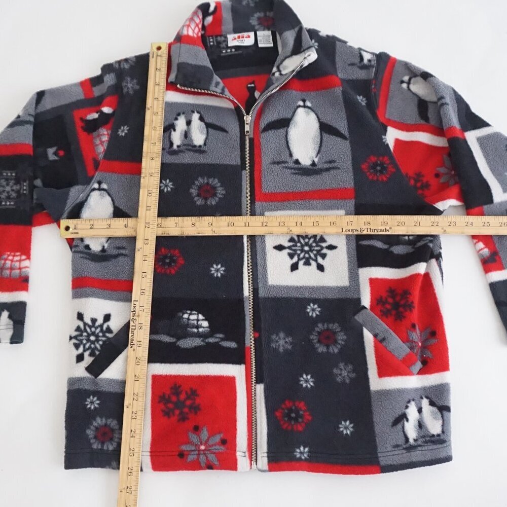 Vintag Alia Sport Grey Red Penguin Snowflake Zip Fleece Jacket Winter Cabin L - Picture 3 of 10